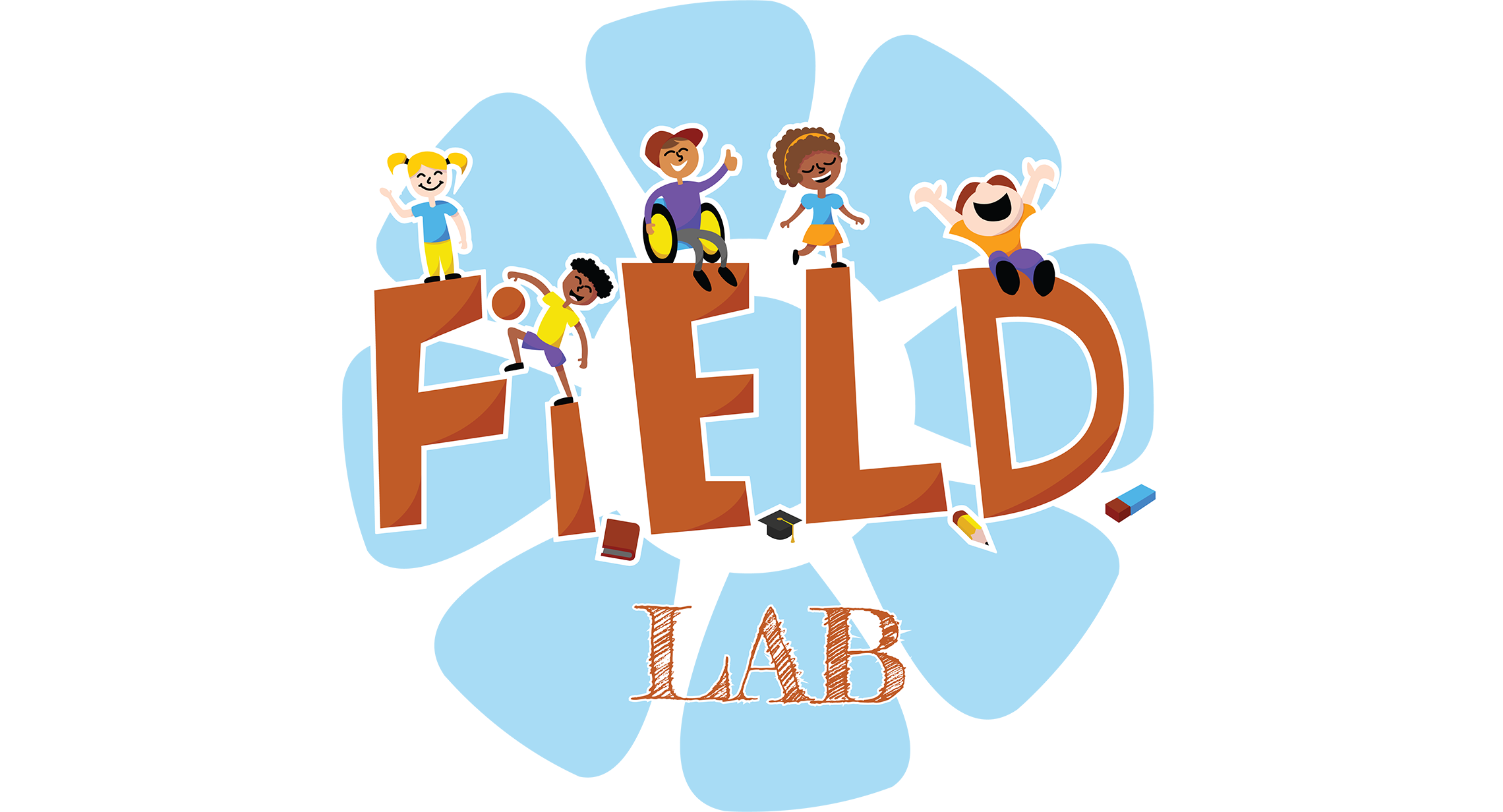 Field lab logo with image of diverse children playing on top of the letters and a blue flower in the background.