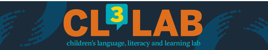 Lab Logo Banner; dark blue background with orange text; titled CL3 Lab, children's language, literacy, and learning lab