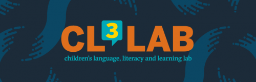 Lab Logo Banner; dark blue background with orange text; titled CL3 Lab, children's language, literacy, and learning lab