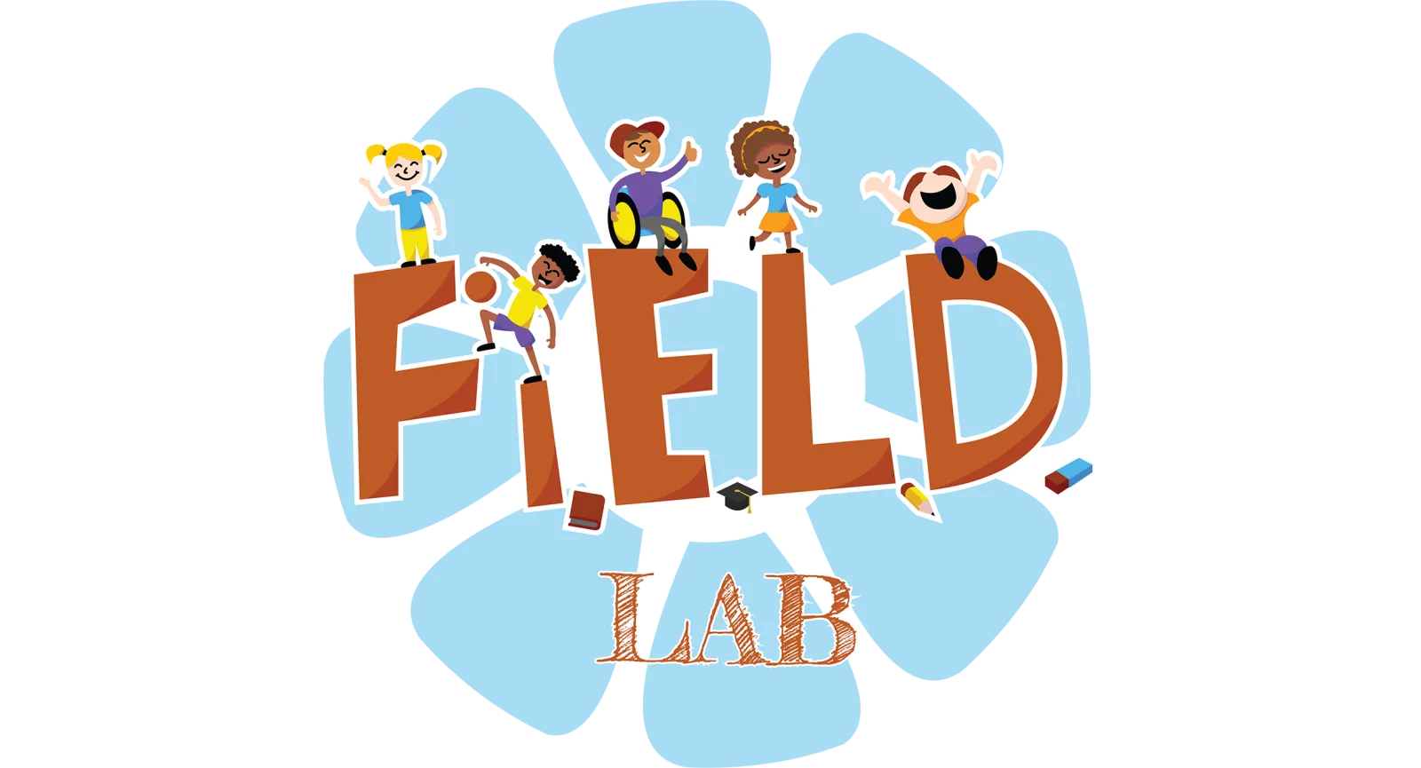 Field lab logo with image of diverse children playing on top of the letters and a blue flower in the background.