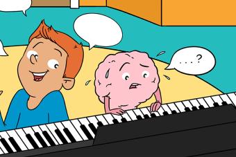 Cartoon picture of a brain and a boy at a piano. The brain is looking confused.