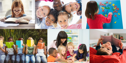 Collage made of 6 pictures of children playing, reading, and completing activities.